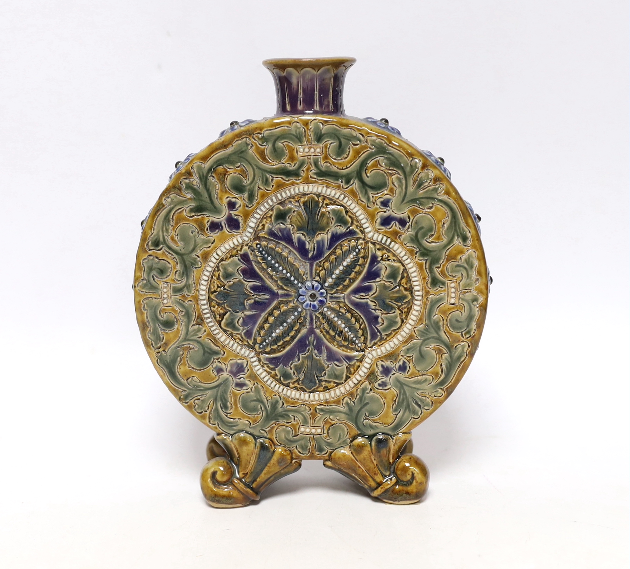 Eliza Simmance for Doulton Lambeth, an unusual moonflask, probably dated 1879, incised with a flowerhead and scrolling leaves with applied 'jewelling', on four scroll feet, impressed mark and incised marks '217' 'ES' and